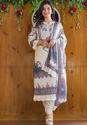Off White Printed Poly Blend Kurta Set