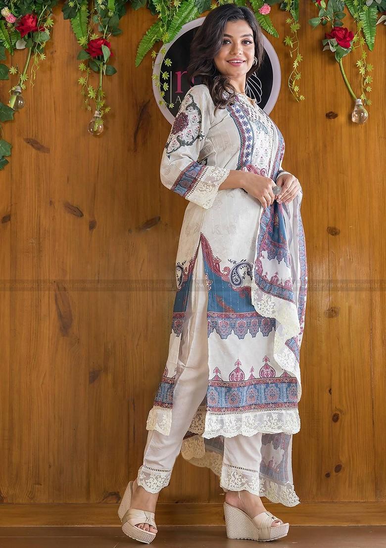 Off White Printed Poly Blend Kurta Set