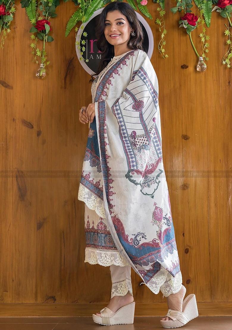 Off White Printed Poly Blend Kurta Set
