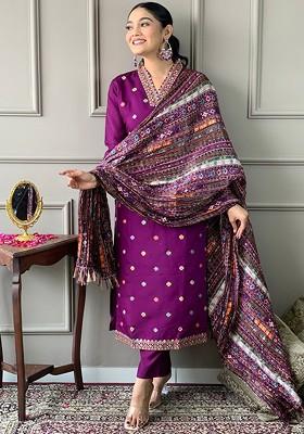 Purple Embroidered Silk Kurta Set