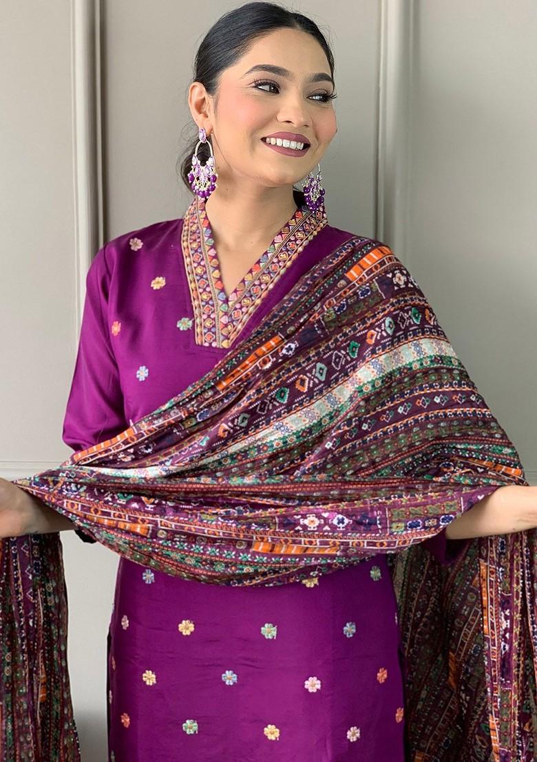 Purple Embroidered Silk Kurta Set