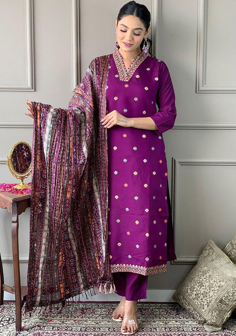 Purple Embroidered Silk Kurta Set