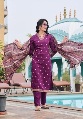 Purple Embroidered Silk Kurta Set