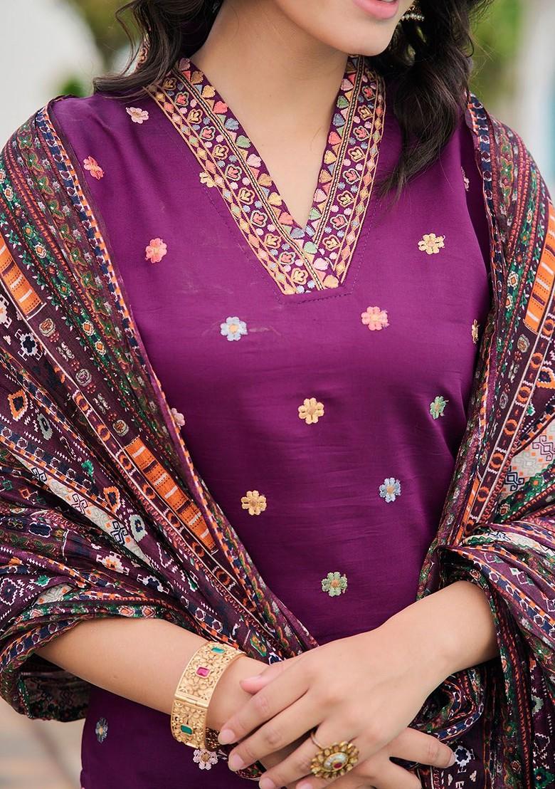 Purple Embroidered Silk Kurta Set