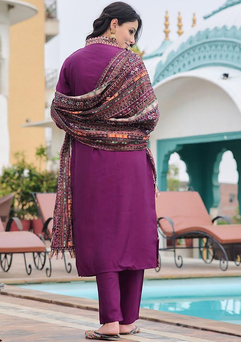 Purple Embroidered Silk Kurta Set