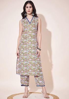 Blue Floral Print Cotton Kurta Set