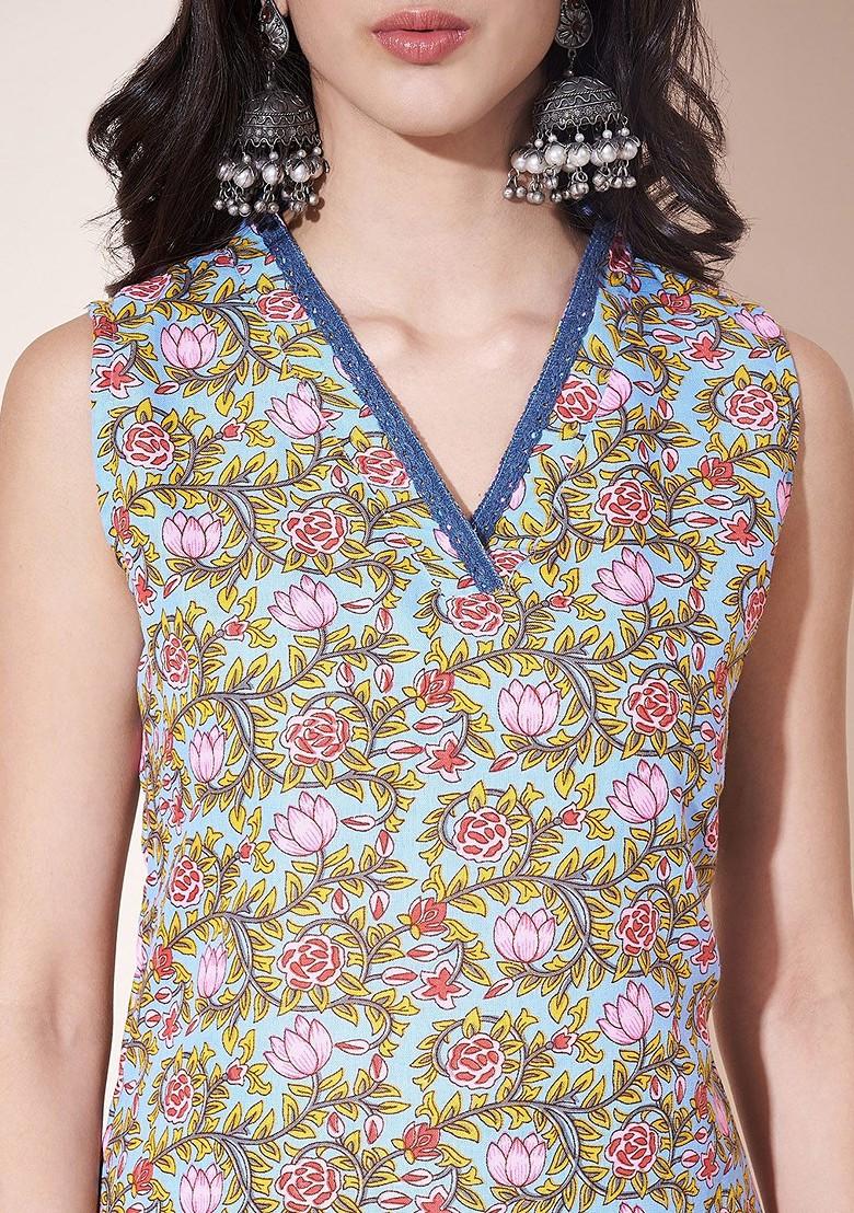 Blue Floral Print Cotton Kurta Set