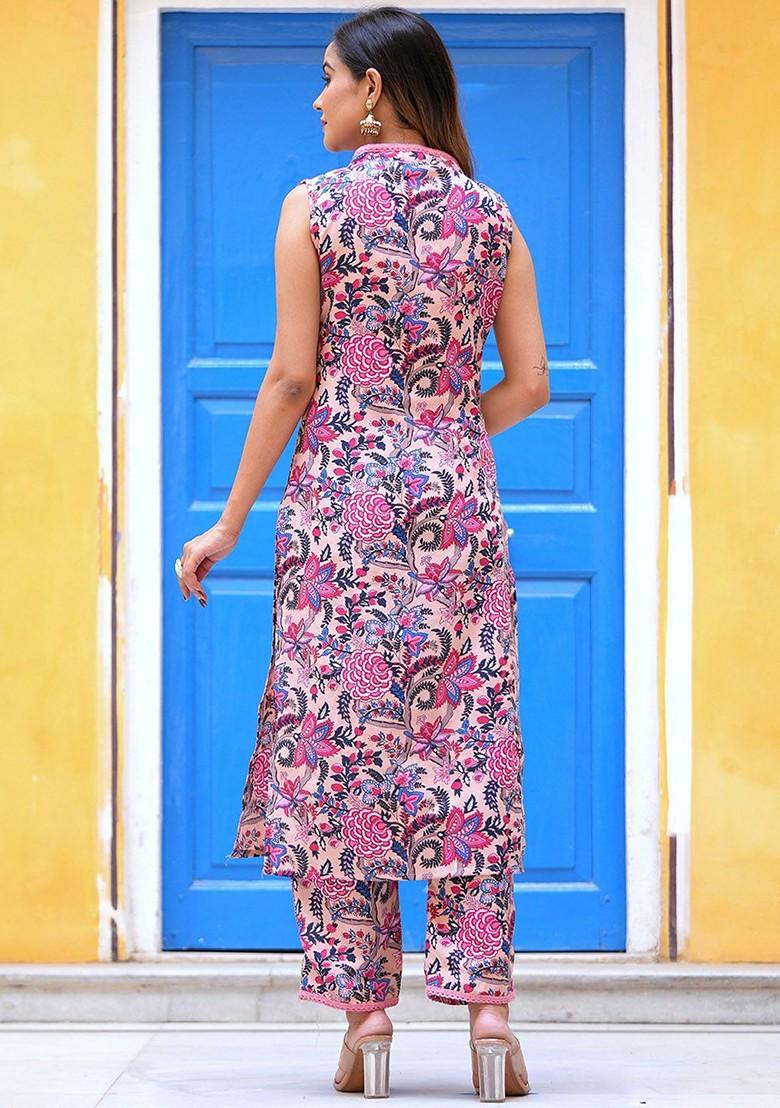 Pink Floral Print Cotton Kurta Set