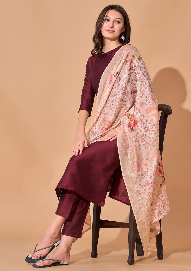 Maroon Solid Poly Blend Kurta Set