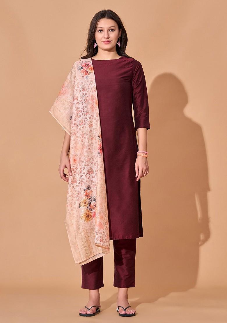 Maroon Solid Poly Blend Kurta Set