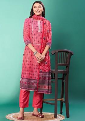 Pink Printed Silk Kurta Set