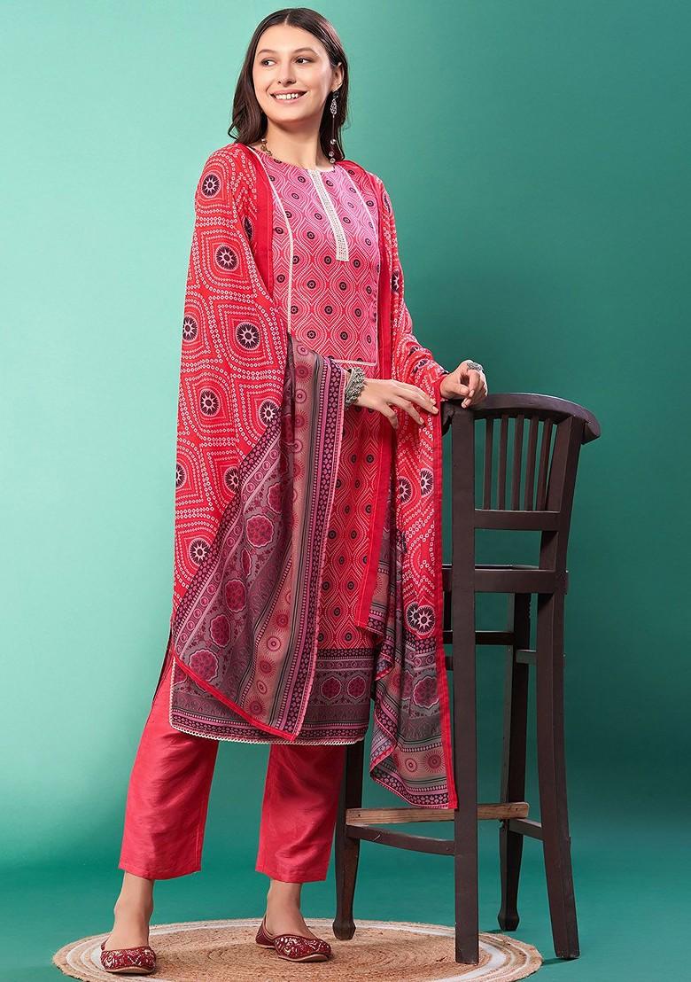 Pink Printed Silk Kurta Set