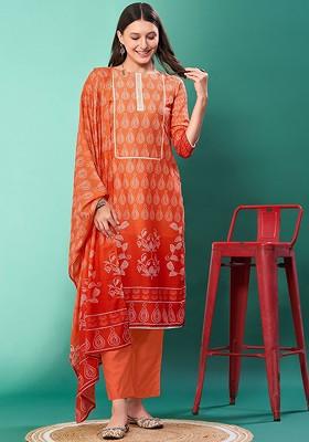 Orange Printed Silk Kurta Set
