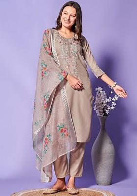 Grey Embroidered Poly Blend Kurta Set