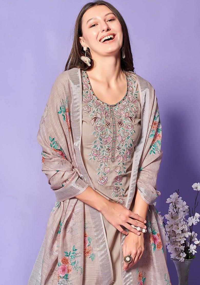Grey Embroidered Poly Blend Kurta Set