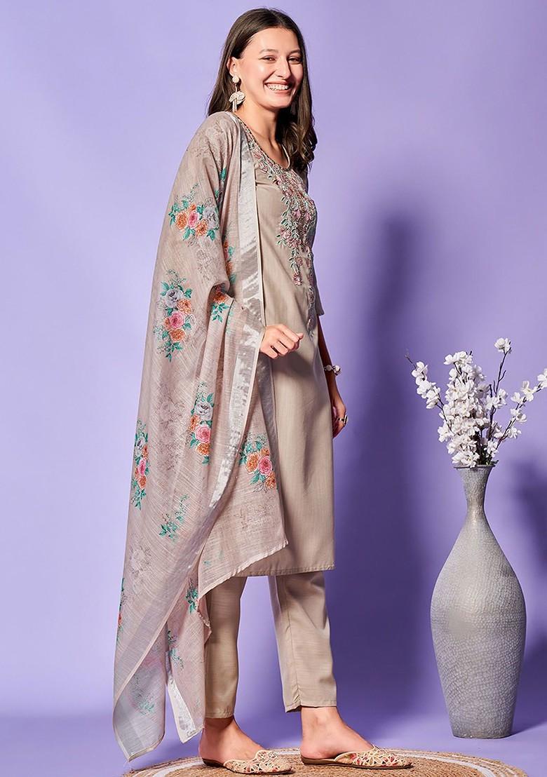Grey Embroidered Poly Blend Kurta Set