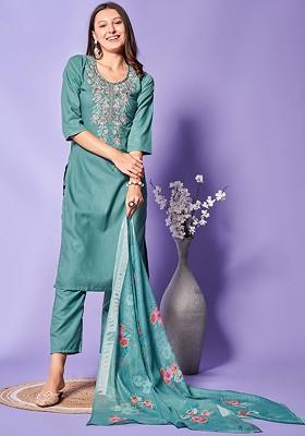 Turquoise Blue Floral Print Poly Blend Kurta Set
