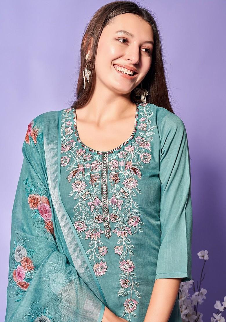 Turquoise Blue Floral Print Poly Blend Kurta Set