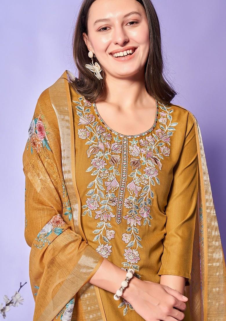 Mustard Embroidered Poly Blend Kurta Set