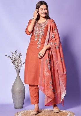 Peach Embroidered Poly Blend Kurta Set