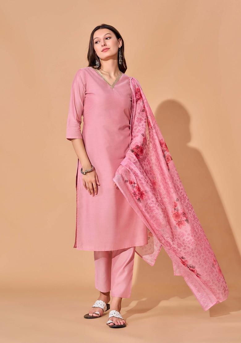 Pink Solid Chanderi Kurta Set