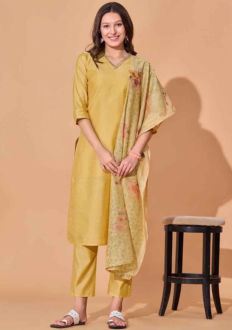 Yellow Solid Chanderi Kurta Set
