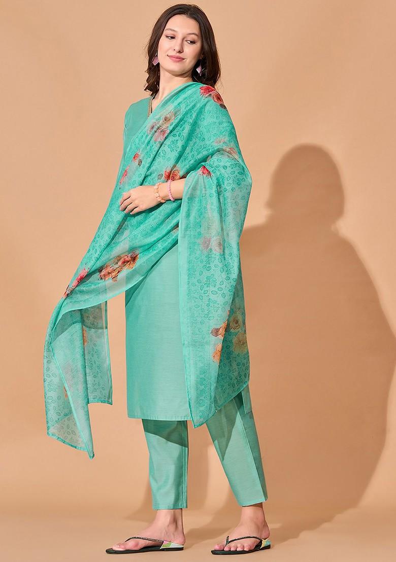 Turquoise Blue Solid Chanderi Kurta Set