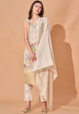 Off White Abstract Print Chanderi Kurta Set