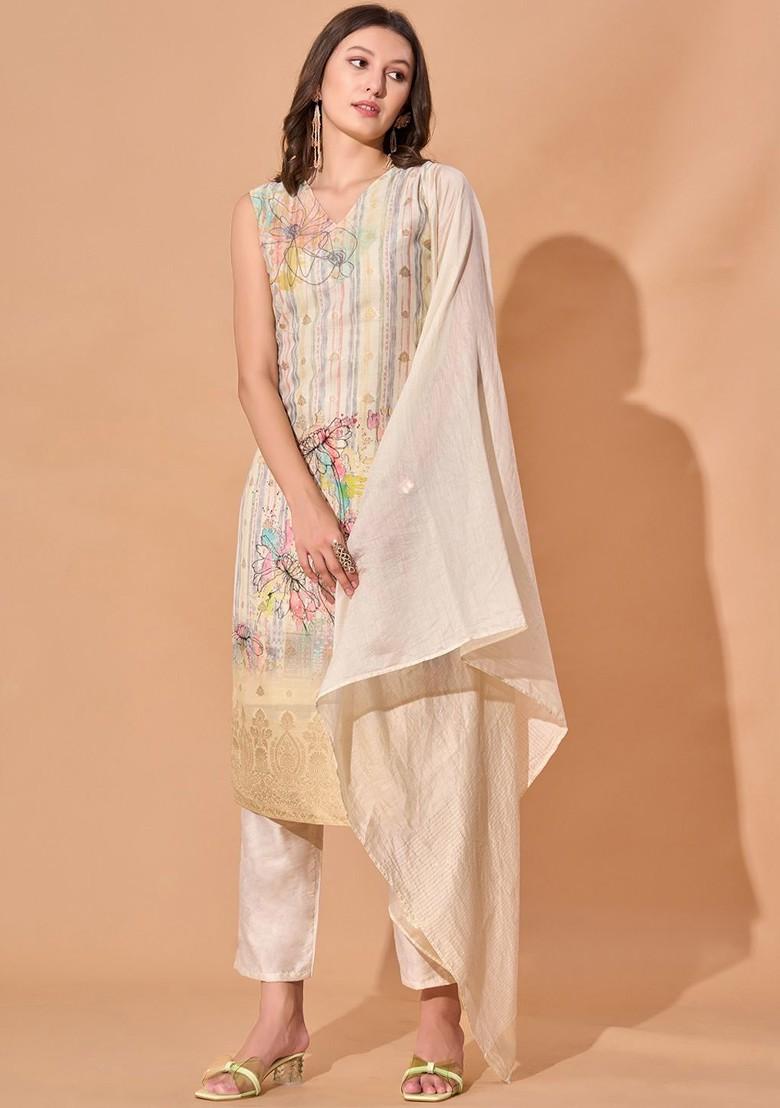 Off White Abstract Print Chanderi Kurta Set