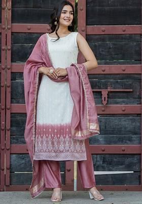 Pink Woven Silk Kurta Set