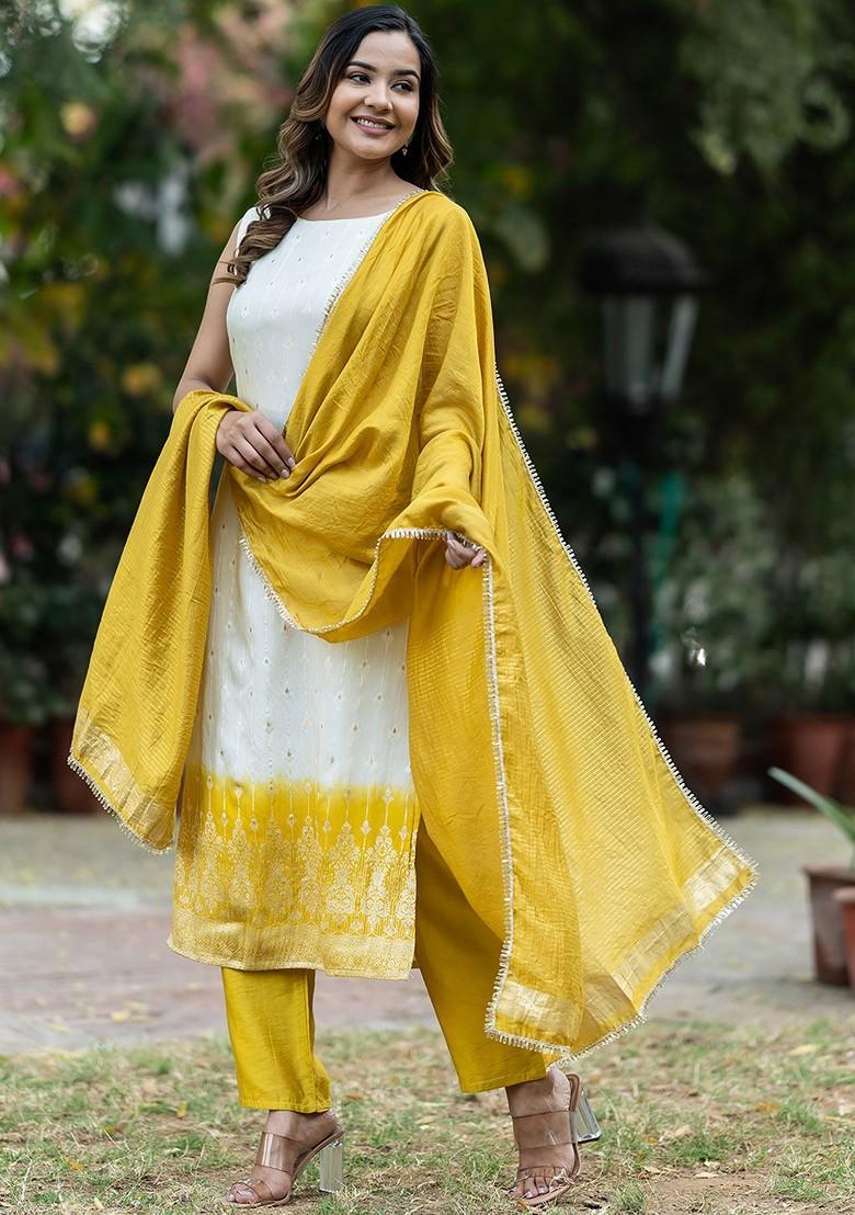 Yellow Woven Silk Kurta Set