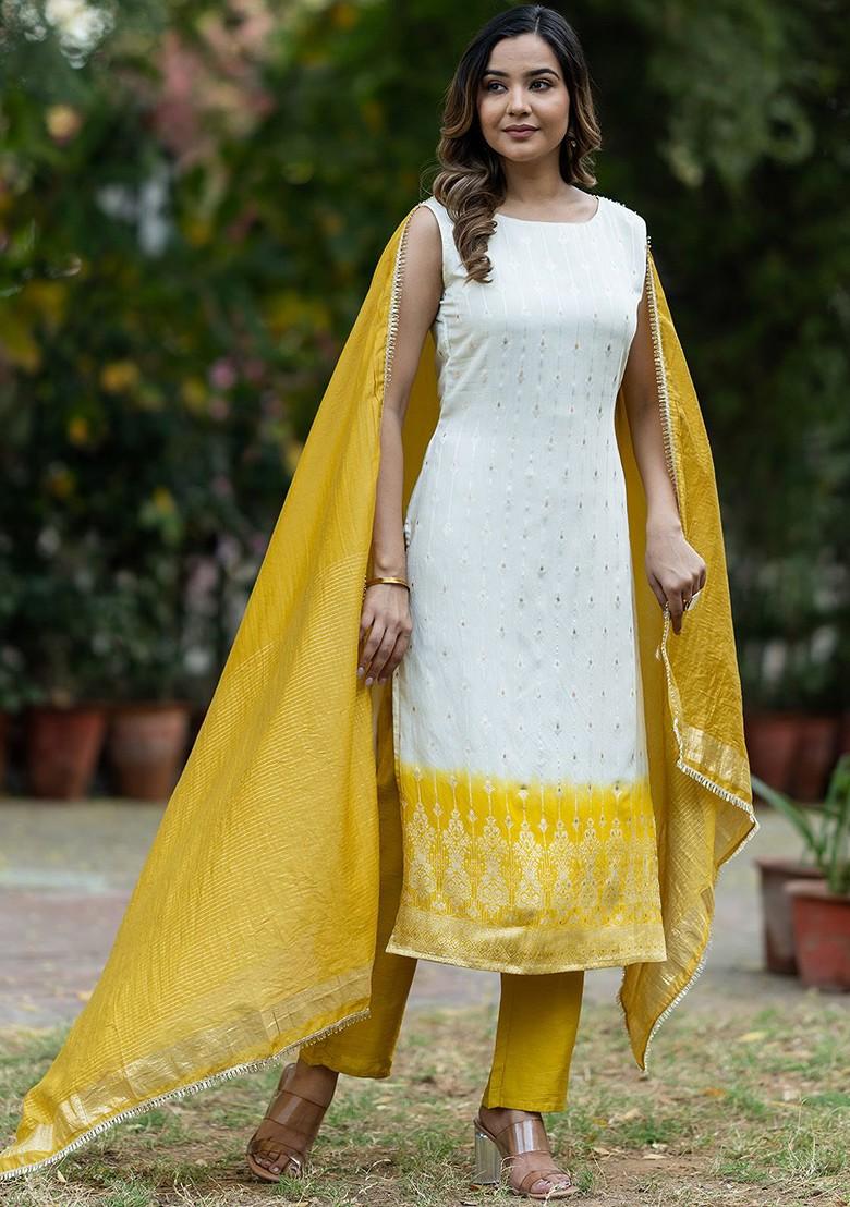 Yellow Woven Silk Kurta Set