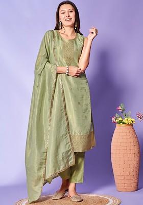Green Woven Silk Kurta Set