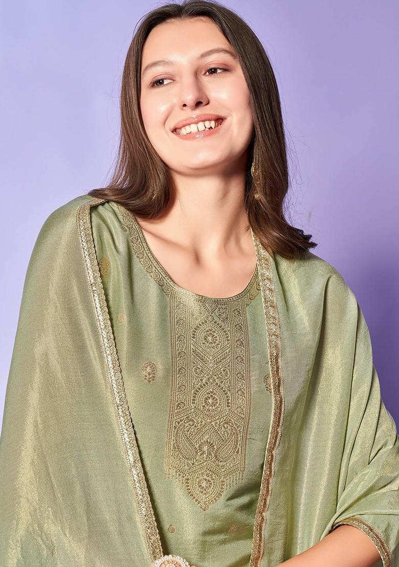 Green Woven Silk Kurta Set