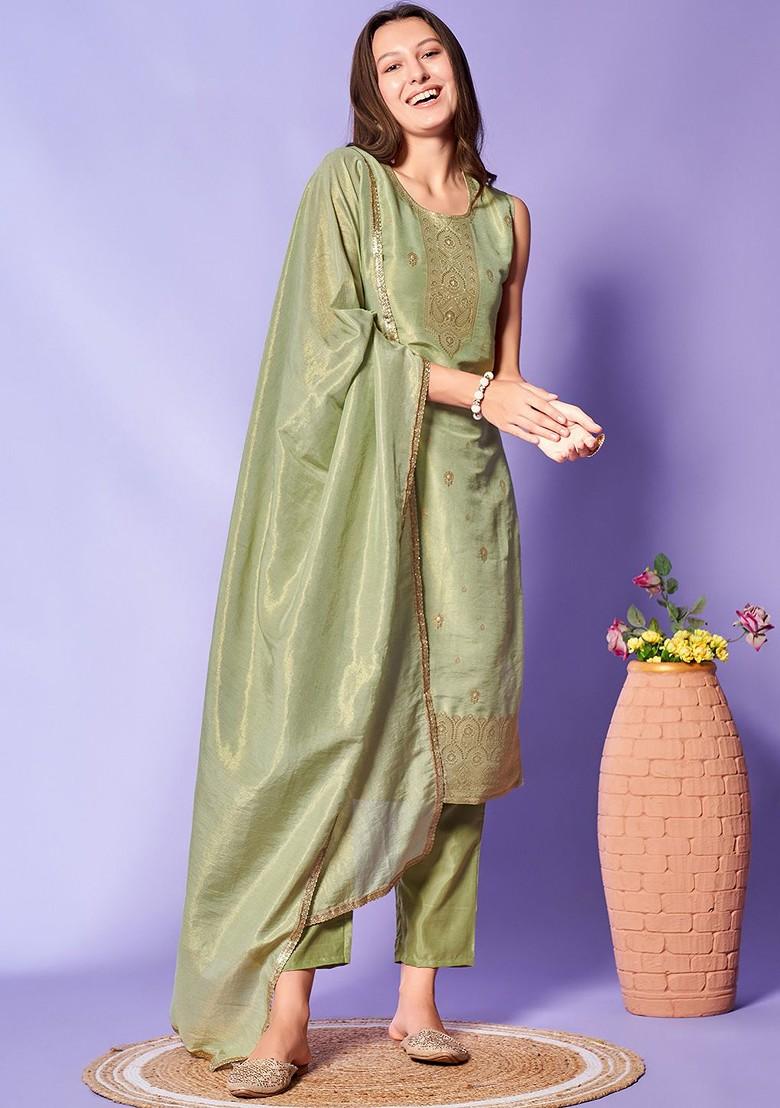 Green Woven Silk Kurta Set
