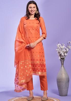 Peach Woven Poly Blend Kurta Set