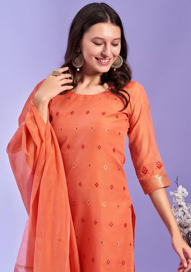 Peach Woven Poly Blend Kurta Set