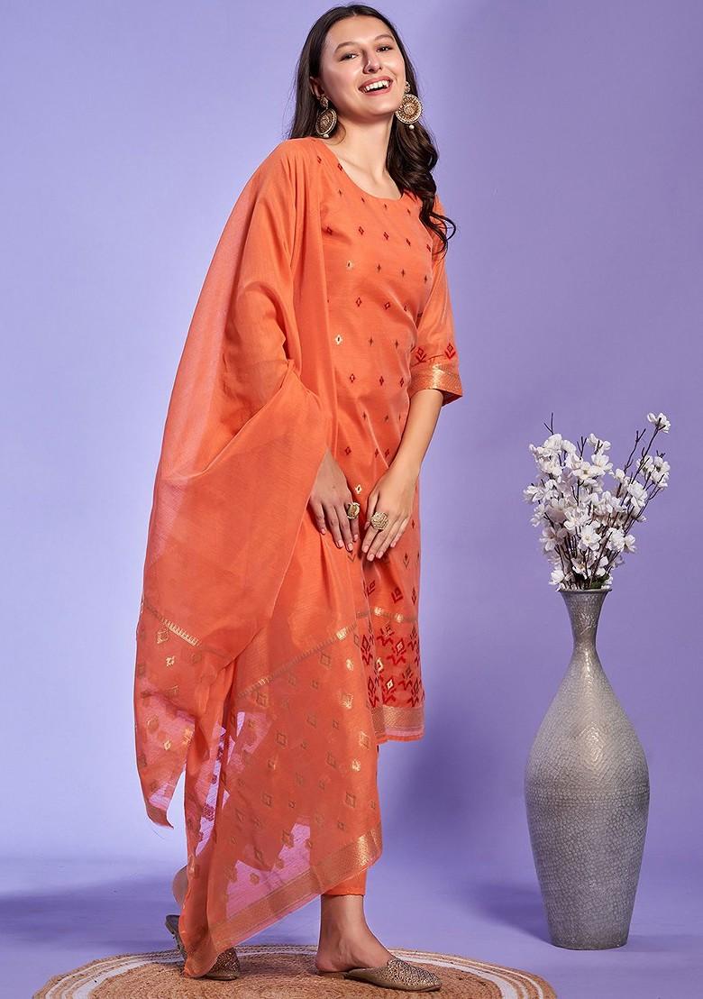 Peach Woven Poly Blend Kurta Set