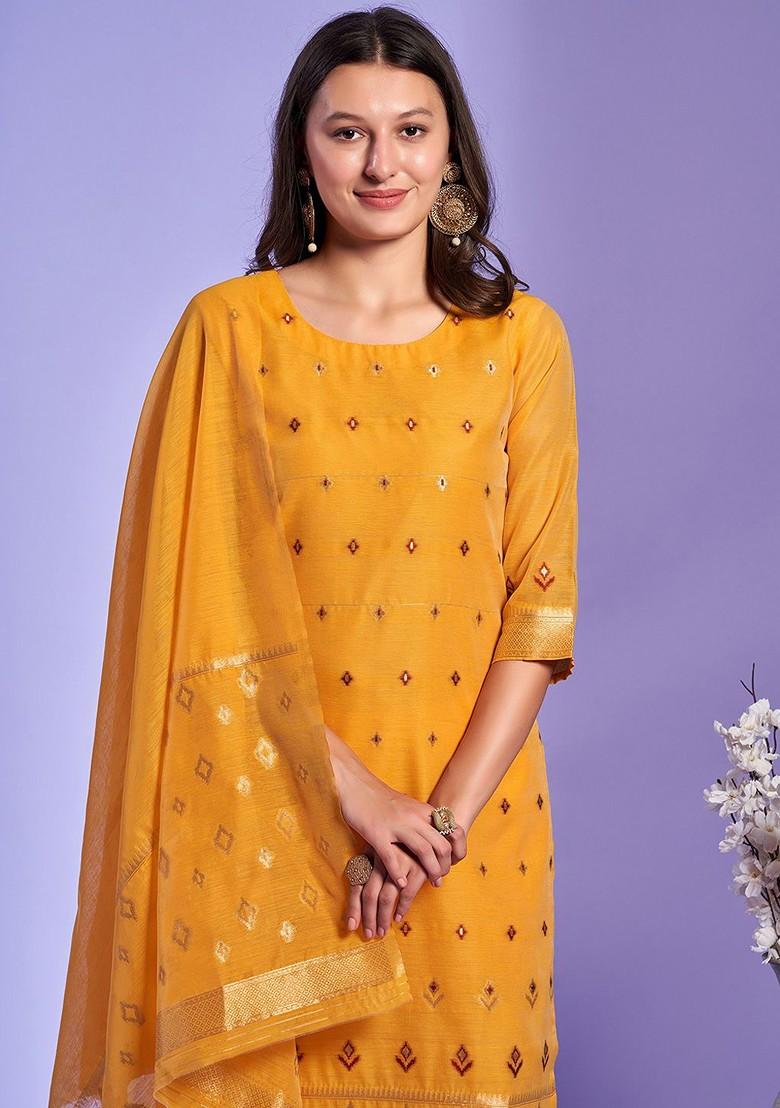 Yellow Woven Poly Blend Kurta Set