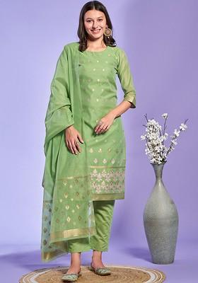 Green Woven Poly Blend Kurta Set