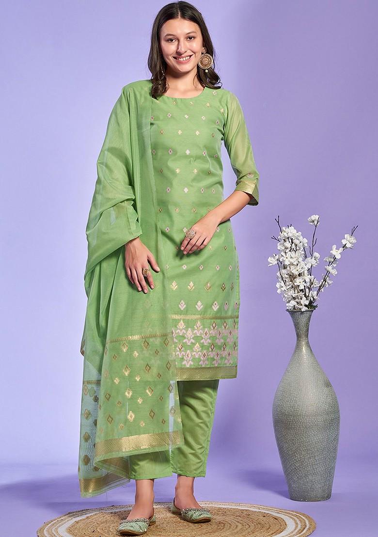 Green Woven Poly Blend Kurta Set