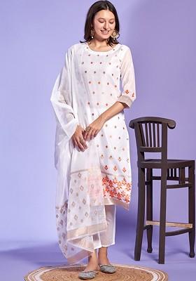 White Woven Poly Blend Kurta Set