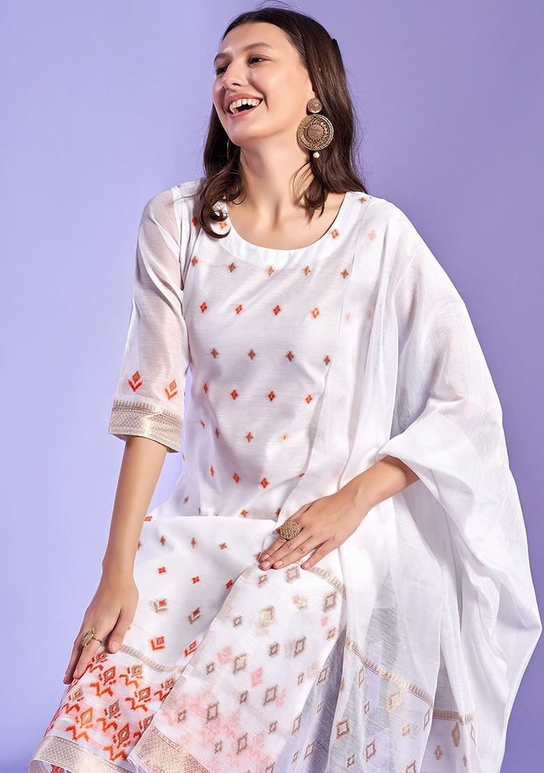 White Woven Poly Blend Kurta Set