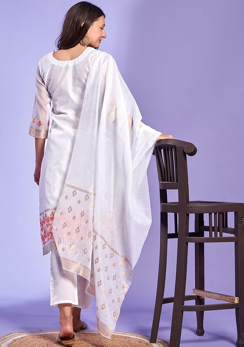 White Woven Poly Blend Kurta Set