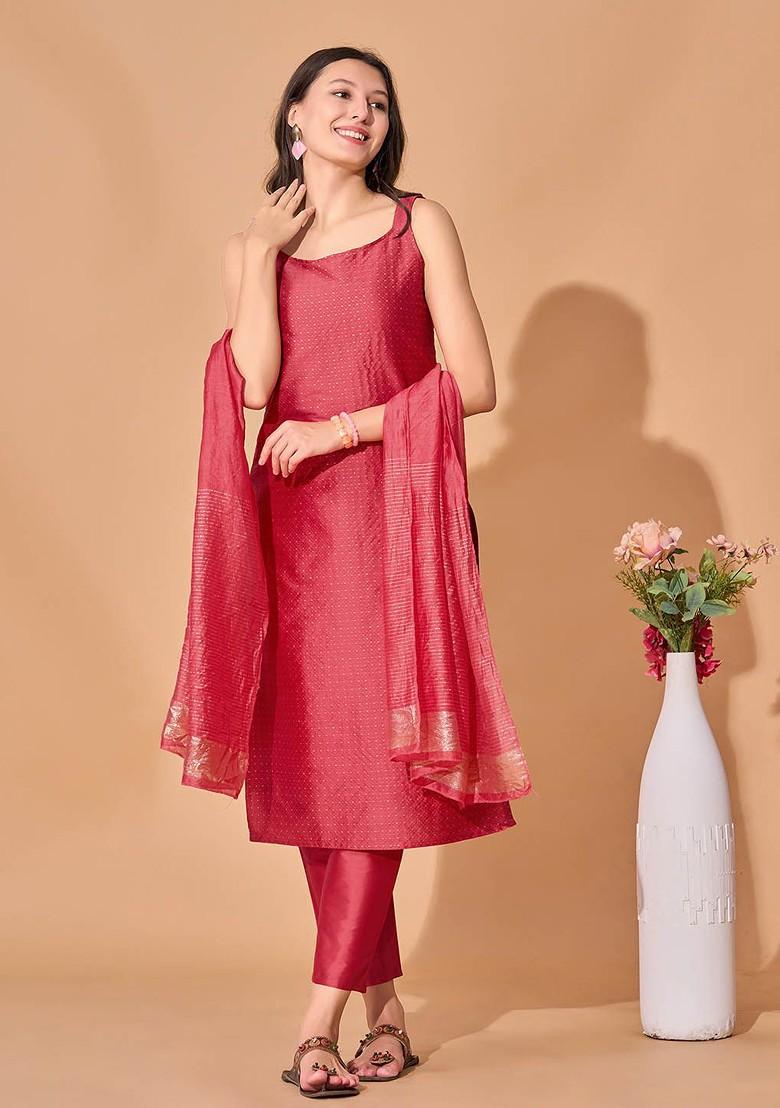 Pink Woven Poly Blend Kurta Set