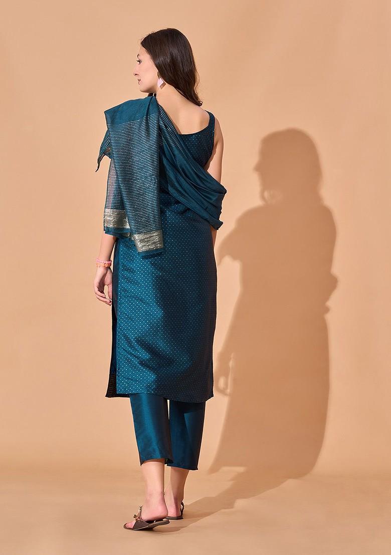 Teal Woven Poly Blend Kurta Set