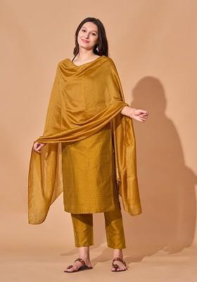 Mustard Woven Poly Blend Kurta Set
