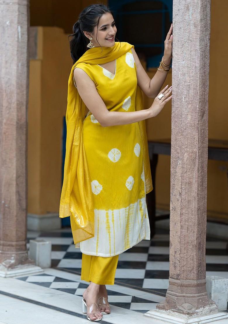 Mustard Tie And Dye Silk Kurta Set