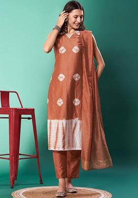 Brown Tie And Dye Silk Kurta Set