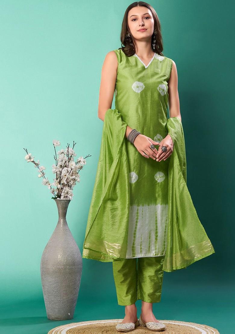 Green Tie And Dye Silk Kurta Set